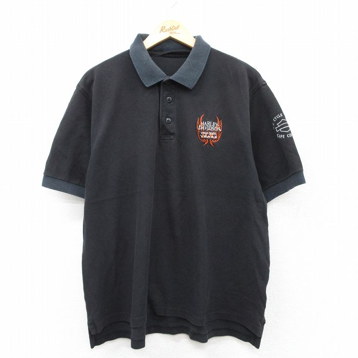 XL★古着 半袖 ポロ シャツ メンズ 00年代 00s ハーレーダビッドソン Harley Davidson 大きいサイズ 鹿の子 黒 ブラック 25aug20 中古 トップス