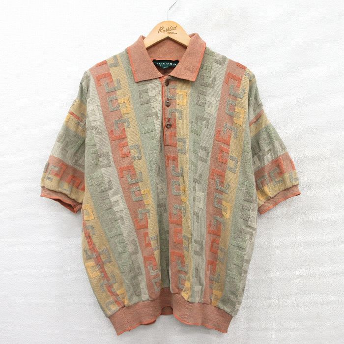 XL★古着 半袖 ポロ シャツ メンズ 90年代 90s 大きいサイズ オレンジ他 ストライプ 25aug20 中古 トップス