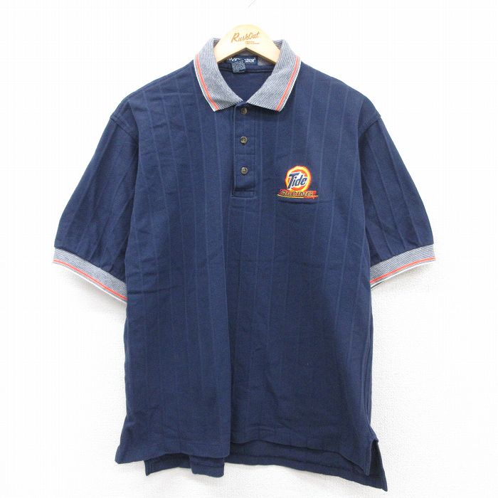 XL★古着 半袖 ポロ シャツ メンズ 90年代 90s Tide レーシング コットン USA製 紺他 ネイビー 25aug20 中古 トップス