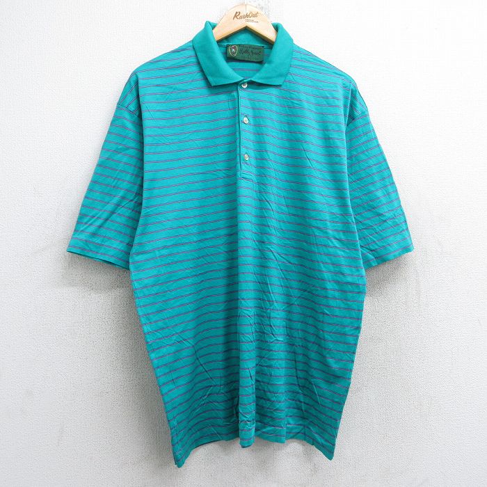 XL★古着 半袖 ポロ シャツ メンズ 90年代 90s コットン イタリア製 青緑他 ボーダー 25aug22 中古 トップス