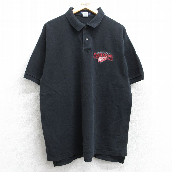 【50%OFF】XL★古着 フルーツオブザルーム 半袖 ポロ シャツ メンズ 90年代 90s NHL デトロイトレッドウィングス 鹿の子 大きいサイズ コットン 黒 ブラック アイスホッケー 25aug22 中古 トップス