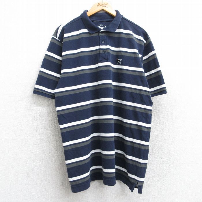 XL★古着 半袖 ポロ シャツ メンズ The Black Dog ワンポイントロゴ 鹿の子 コットン 紺他 ネイビー ボーダー 【spe】 25aug22 中古 トップス
