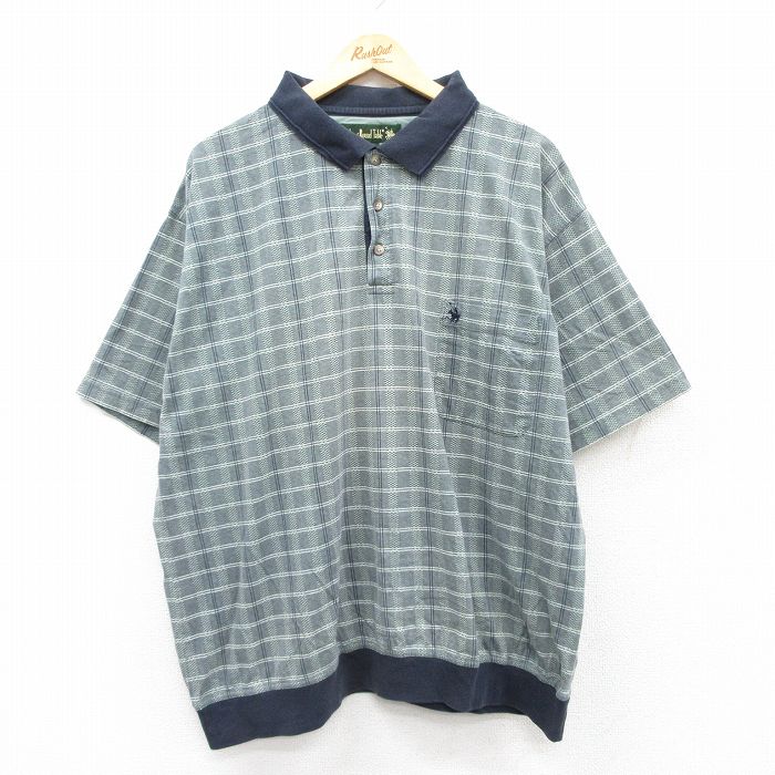 XL★古着 半袖 ポロ シャツ メンズ 90年代 90s ワンポイントロゴ 大きいサイズ コットン グレー系他 チェック 25aug23 中古 トップス