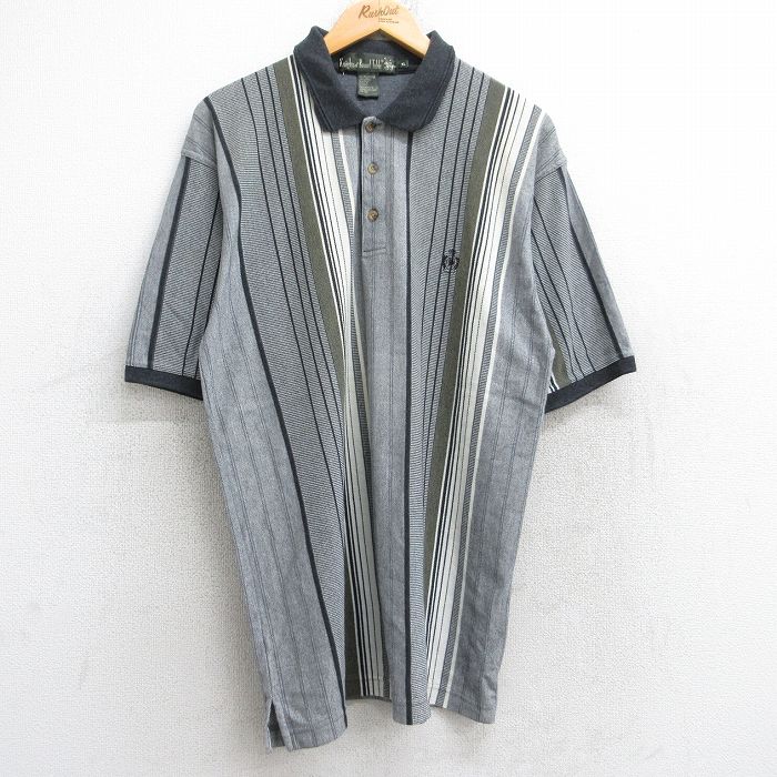 L★古着 半袖 ポロ シャツ メンズ 00年代 00s ワンポイントロゴ 鹿の子 グレー他 ストライプ 【spe】 25aug23 中古 トップス