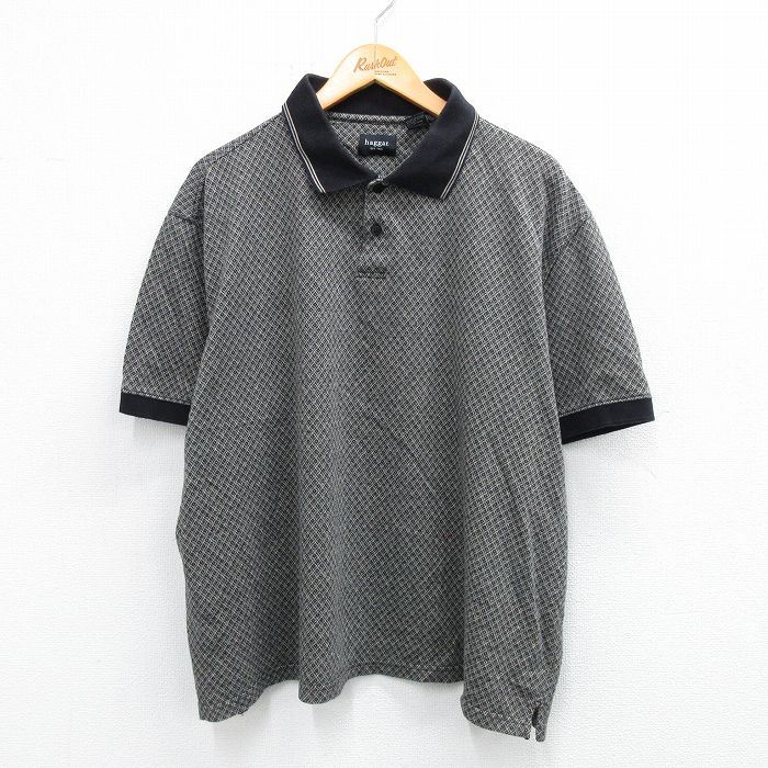 XL★古着 HAGGAR 半袖 ポロ シャツ メンズ 総柄 大きいサイズ 黒他 ブラック 25aug23 中古 トップス