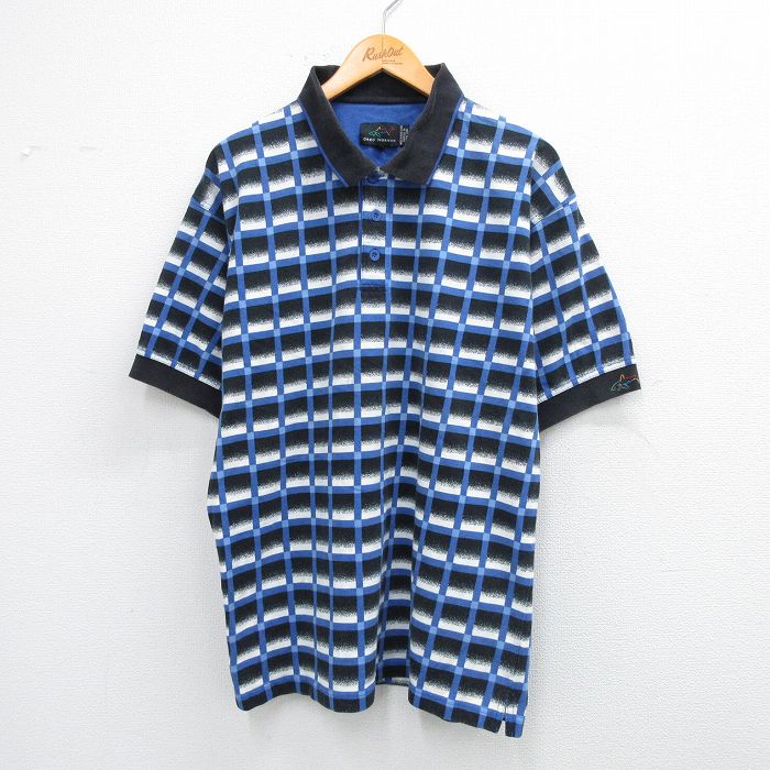 XL★古着 グレッグノーマン 半袖 ポロ シャツ メンズ 総柄 鹿の子 コットン 青他 ブルー 25aug23 中古 トップス