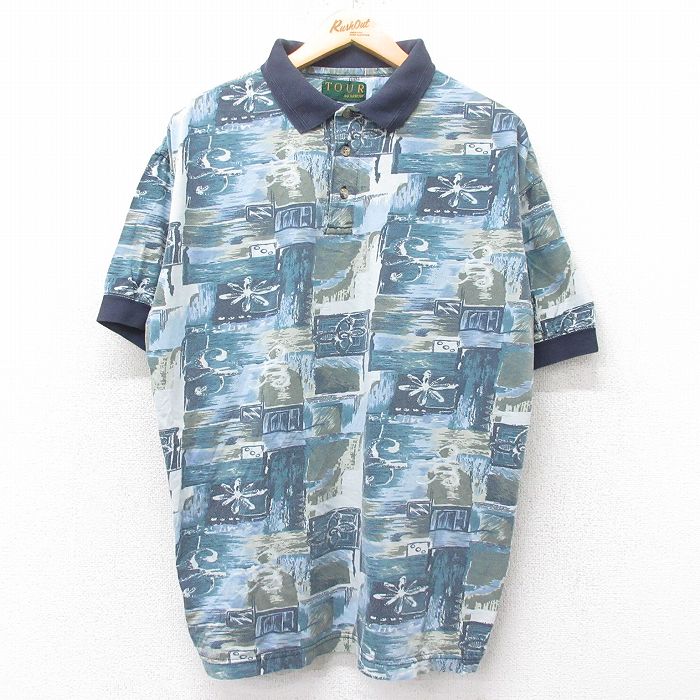 【50%OFF】L★古着 アロー 半袖 ポロ シャツ メンズ 90年代 90s 総柄 薄紺他 ネイビー 25aug27 中古 トップス