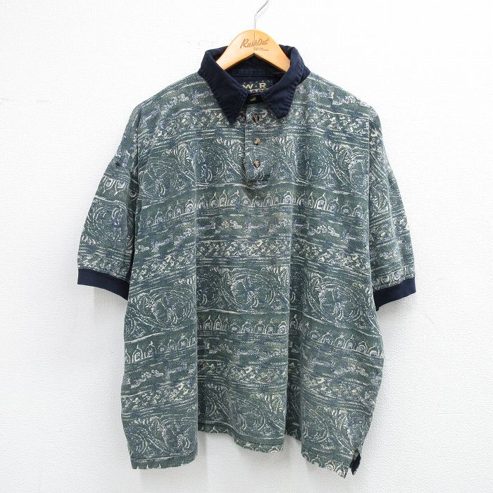XL★古着 半袖 ポロ シャツ メンズ 00年代 00s 総柄 鹿の子 大きいサイズ コットン 濃緑他 グリーン 25sep02 中古 トップス