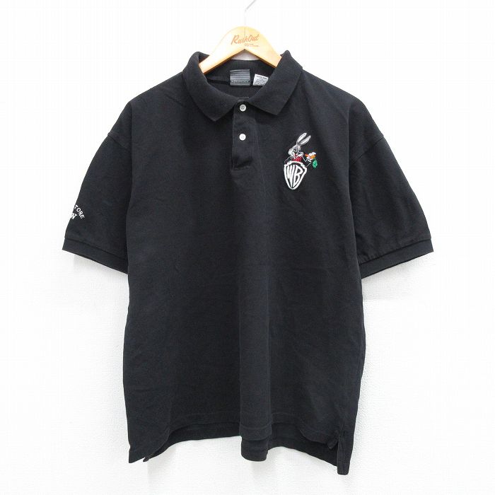 【20%OFF】XL★古着 半袖 ポロ シャツ メンズ ルーニーテューンズ LOONEY TUNES バッグスバニー 鹿の子 大きいサイズ コットン 黒 ブラック 【spe】 25sep02 中古 トップス