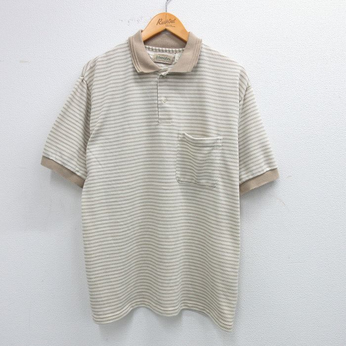 XL★古着 セントジョンズベイ 半袖 ポロ シャツ メンズ 90年代 90s USA製 ベージュ他 カーキ ボーダー 【spe】 25sep03 中古 トップス