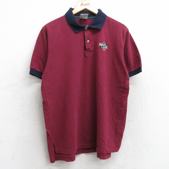 L★古着 半袖 ポロ シャツ メンズ 90年代 90s ハードロックカフェ タイペイ 鹿の子 コットン エンジ 25sep06 中古 トップス