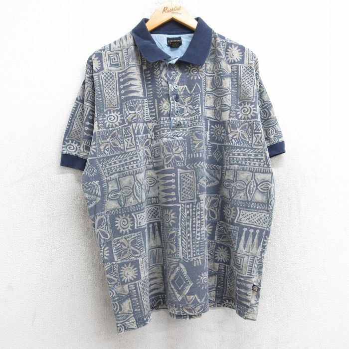 STRUCTURE 90s 半袖ポロシャツ 葉総柄 ネイビー XL | 古着