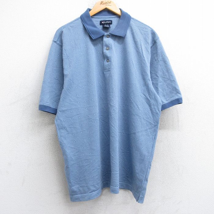 XL★古着 ピューリタン 半袖 ポロ シャツ メンズ 00年代 00s 千鳥格子 大きいサイズ 薄紺 ネイビー 25sep06 中古 トップス