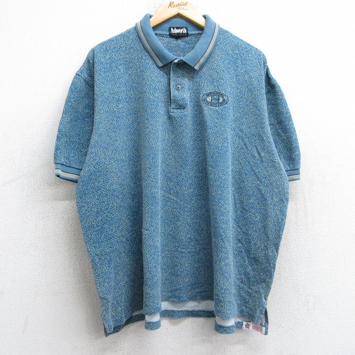 XL★古着 半袖 ポロ シャツ メンズ 90年代 90s NEW SEARURY 総柄 鹿の子 大きいサイズ コットン USA製 青緑他 25sep06 中古 トップス
