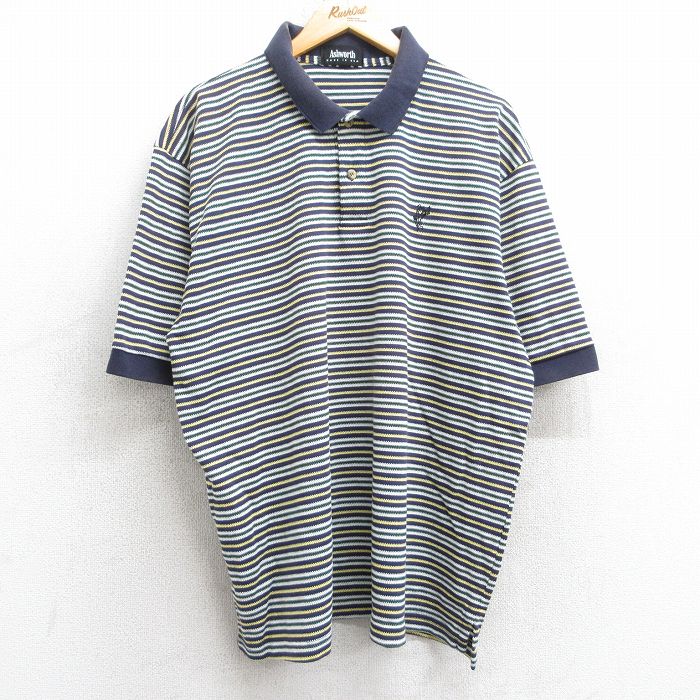 【20%OFF】XL★古着 半袖 ポロ シャツ メンズ 90年代 90s 大きいサイズ コットン USA製 紺他 ネイビー ボーダー 25sep06 中古 トップス