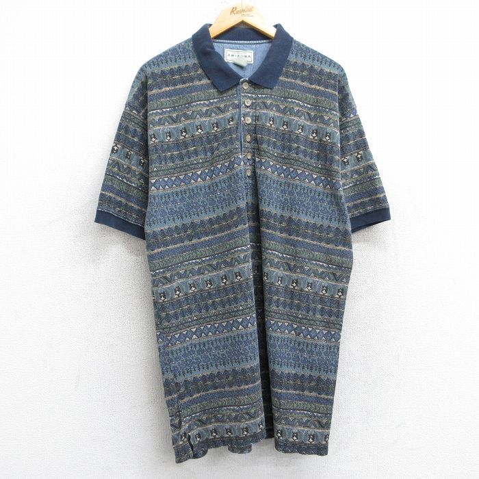 XL★古着 アリゾナジーンズ 半袖 ポロ シャツ メンズ 00年代 00s 総柄 鹿の子 ロング丈 コットン 紺他 ネイビー 【spe】 25sep06 中古 トップス