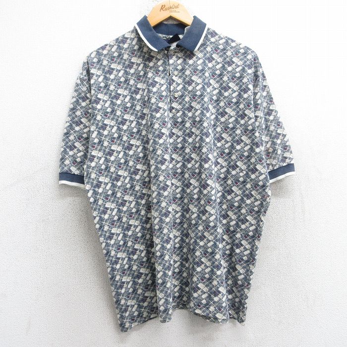 【20%OFF】XL★古着 ピューリタン 半袖 ポロ シャツ メンズ 総柄 紺他 ネイビー 25sep06 中古 トップス