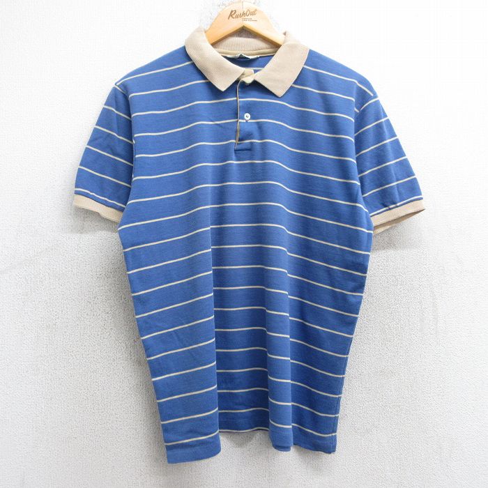 L★古着 半袖 ポロ シャツ メンズ 80年代 80s コットン USA製 青他 ブルー ボーダー 25sep06 中古 トップス