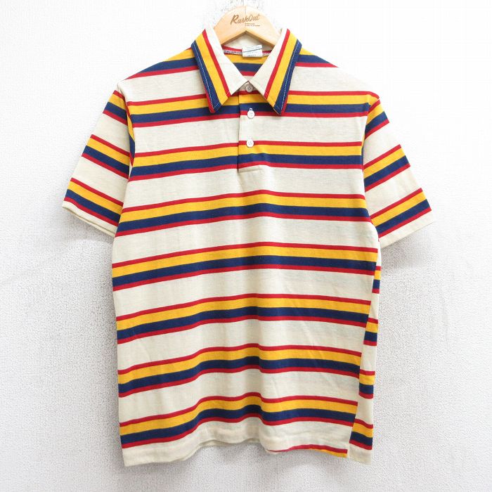 【20%OFF】M★古着 半袖 ポロ シャツ メンズ 90年代 90s USA製 薄黄他 イエロー ボーダー 25sep11 中古 トップス