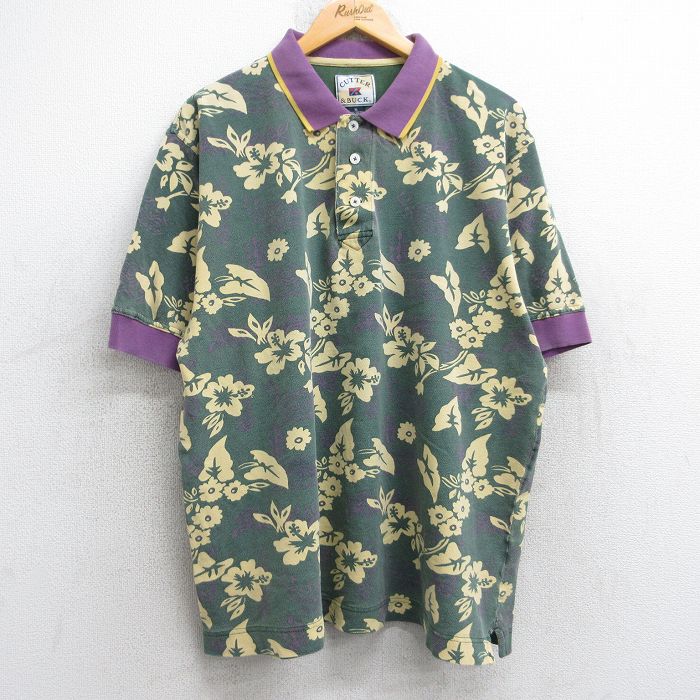 XL★古着 半袖 ポロ シャツ メンズ 00年代 00s ハイビスカス 総柄 鹿の子 大きいサイズ コットン 緑他 グリーン 25sep11 中古 トップス