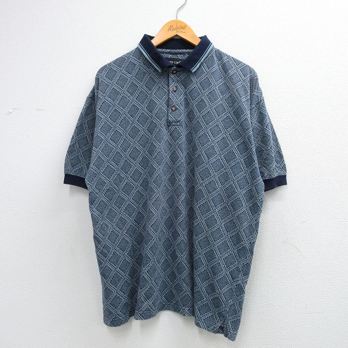 XL★古着 ピエールカルダン 半袖 ポロ シャツ メンズ 90年代 90s 総柄 大きいサイズ 紺他 26mar28