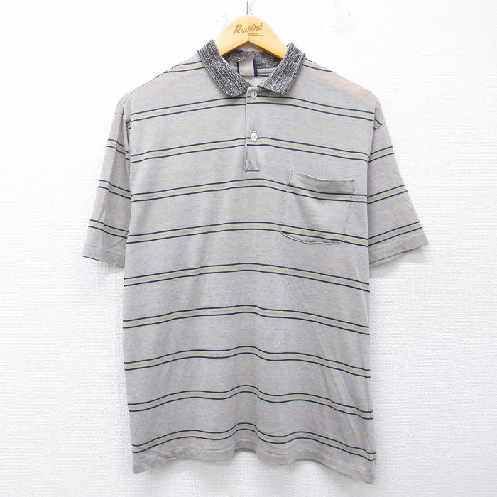XL★古着 半袖 ポロ シャツ メンズ 80年代 80s USA製 茶系 ボーダー 26apr17