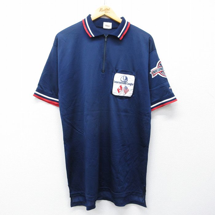 L★古着 半袖 ハーフジップ ポロ シャツ メンズ 90年代 90s 野球 USA製 紺 26apr17