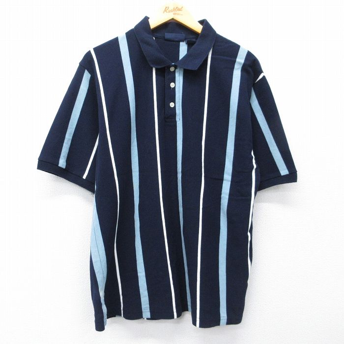 L★古着 ベーシックエディションズ 半袖 ポロ シャツ メンズ 90年代 90s 鹿の子 コットン 濃紺他 ストライプ 26apr28