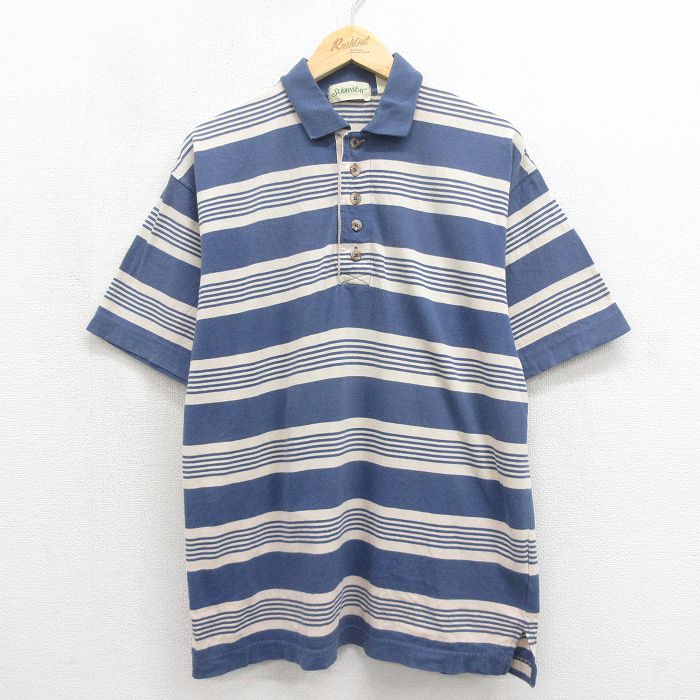 XL★古着 セントジョンズベイ 半袖 ポロ シャツ メンズ 90年代 90s コットン USA製 紺他 ストライプ【spe】 26may12