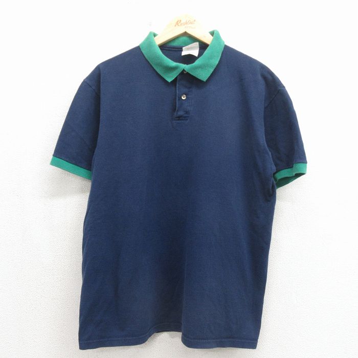 XL★古着 ヘイズ 半袖 ポロ シャツ メンズ 00年代 00s 無地 鹿の子 ツートンカラー コットン ネイビー 26may19
