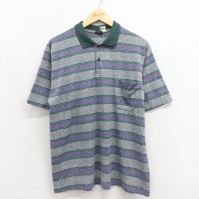 L★古着 半袖 ポロ シャツ メンズ 90年代 90s カナダ製 グレー ボーダー 26may23