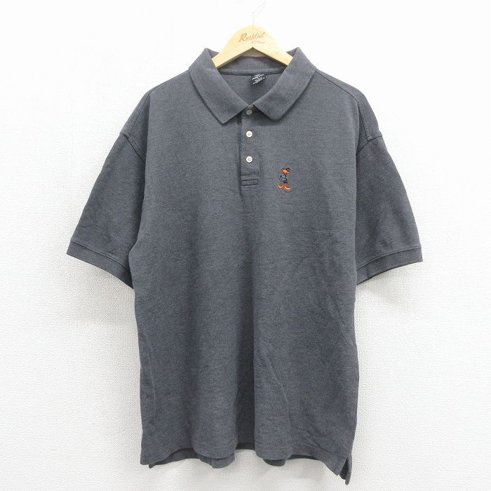 XL★古着 半袖 ポロ シャツ メンズ 90年代 90s ルーニーテューンズ ダフィーダック 鹿の子 コットン グレー【spe】 26may23