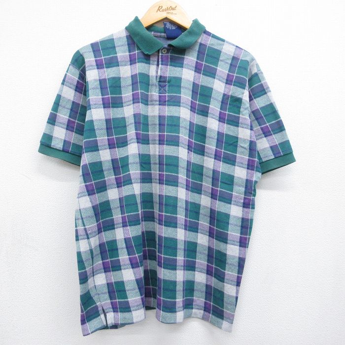 XL★古着 半袖 ポロ シャツ メンズ 90年代 90s 鹿の子 コットン USA製 グリーン チェック 26may23