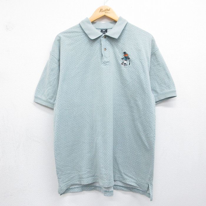 XL★古着 半袖 ポロ シャツ メンズ 90年代 90s ルーニーテューンズ ダフィーダック 鹿の子 コットン グリーン【spe】 26may23