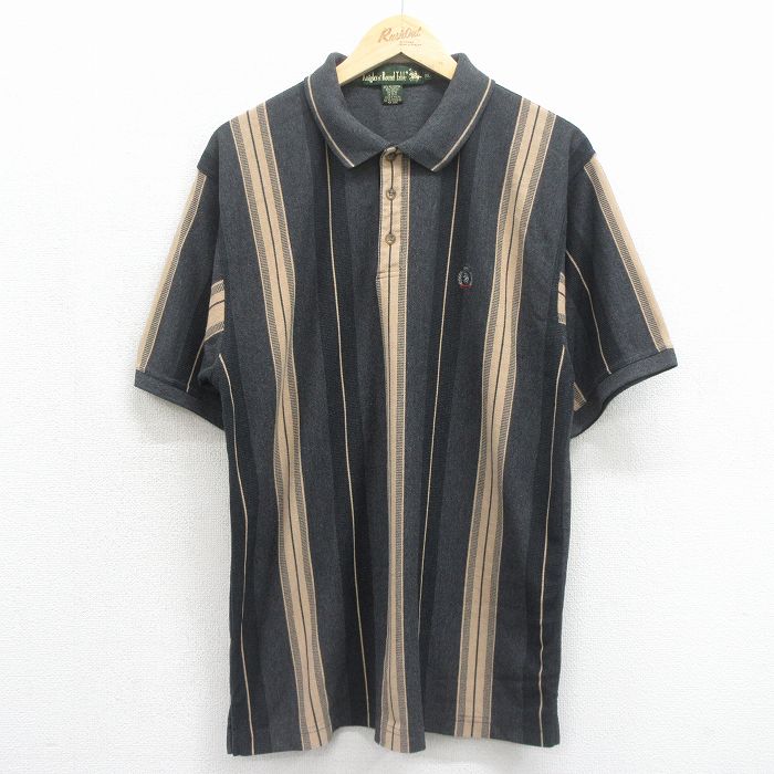 L★古着 半袖 ポロ シャツ メンズ 90年代 90s ワンポイントロゴ グレー ストライプ 26jun02