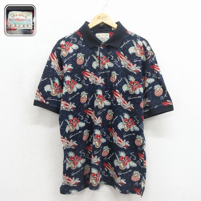 【20%OFF】ネイビー半袖ポロシャツ パイナップル サーフボード メンズXL相当 | 古着