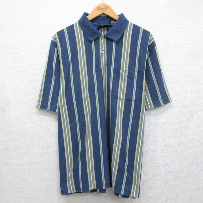 ピューリタン 00s 半袖ポロシャツ ストライプ ネイビー XL | 古着