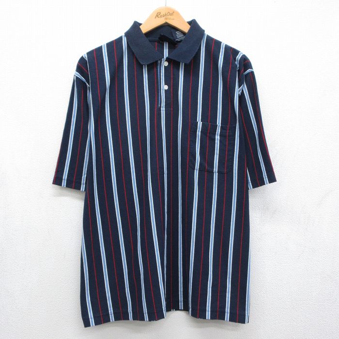 ピューリタン 00s 半袖ポロシャツ ストライプ ネイビー XL | 古着