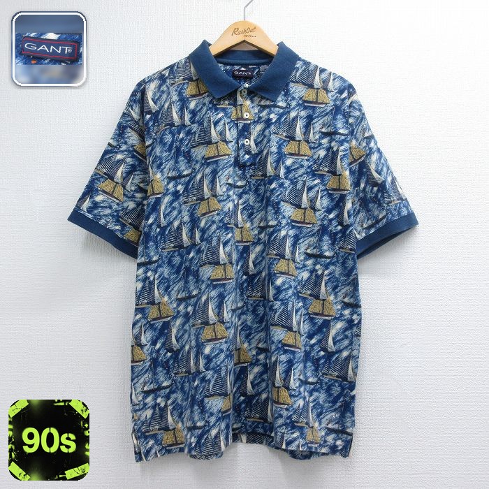 GANT 半袖 ポロ シャツ 90s ヨット 鹿の子 コットン ネイビー メンズXL相当 | 古着
