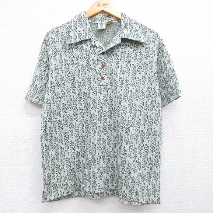 XL★古着 Alfie 半袖 ポロ シャツ メンズ 70年代 70s 葉 開襟 オープンカラー グリーン【spe】 26jul29