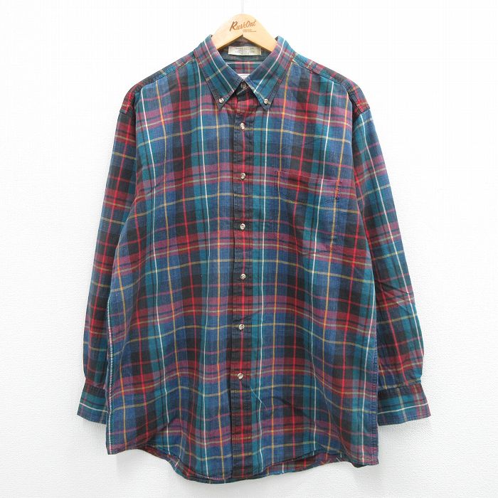 L★古着 長袖 シャツ メンズ ロング丈 コットン ボタンダウン 紺他 ネイビー チェック 24jan05 中古 トップス