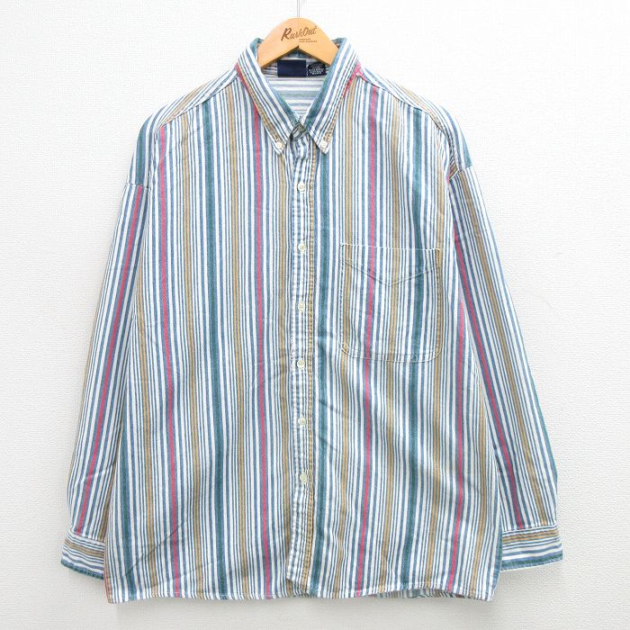 L★古着 長袖 シャツ メンズ 90年代 90s コットン ボタンダウン USA製 紺他 ネイビー ストライプ 24jan08 中古 トップス