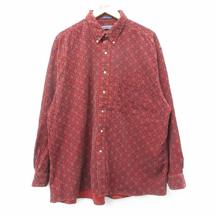 【50%OFF】XL★古着 バンヒューセン 長袖 シャツ メンズ 90年代 90s 総柄 大きいサイズ コーデュロイ コットン ボタンダウン 赤系他 レッド 24jan09 中古 トップス