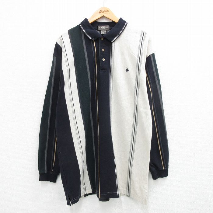 L★古着 長袖 ポロ シャツ メンズ 90年代 90s ロング丈 鹿の子 濃紺他 ネイビー ストライプ 24feb05 中古 トップス