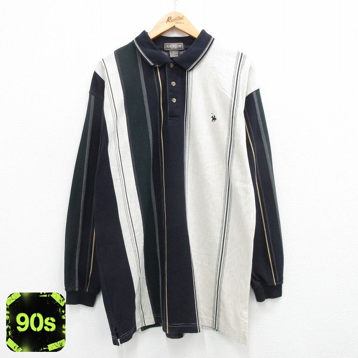 【50%OFF】ポロ 90s 長袖ポロシャツ ストライプ ネイビー L | 古着
