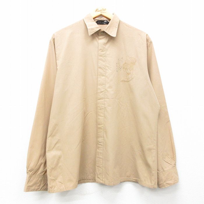 L★古着 長袖 シャツ メンズ 90年代 90s 女性 刺繍 ベージュ カーキ 24feb06 中古 トップス