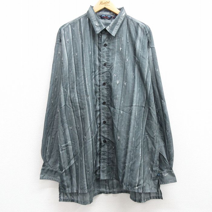 XL★古着 長袖 シャツ メンズ 大きいサイズ ロング丈 グレー ストライプ 24feb07 中古 トップス