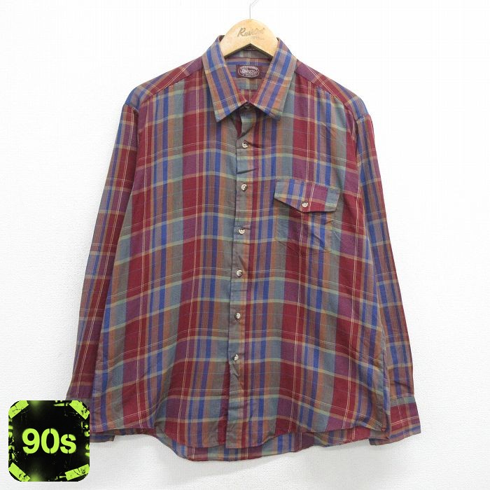 【50%OFF】90s 長袖シャツ バーガンディチェック XL | 古着