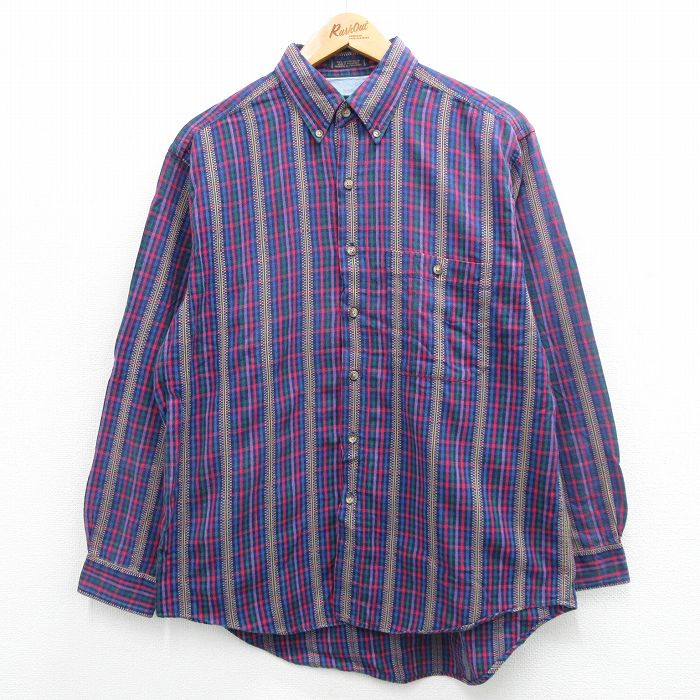 L★古着 長袖 シャツ メンズ 00年代 00s コットン ボタンダウン 紺他 ネイビー チェック 24feb15 中古 トップス
