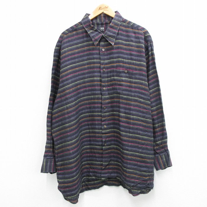 XL★古着 長袖 シャツ メンズ 大きいサイズ ロング丈 ボタンダウン 黒他 ブラック 24feb15 中古 トップス